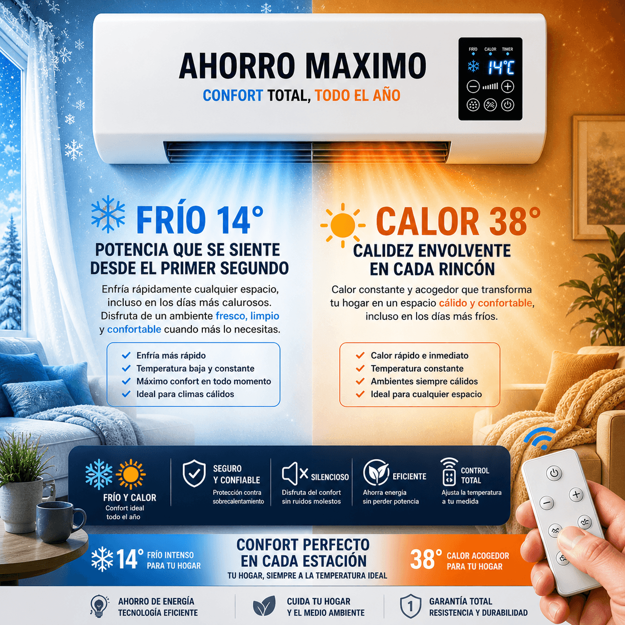 ClimaMax Pro 2.0 Aire Acondicionado Portátil 2 en 1 Calor y Frio - Bajo consumo y Máxima Potencia